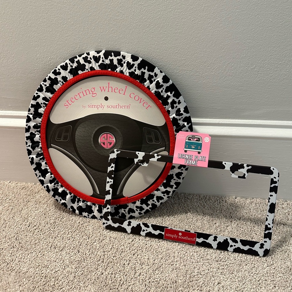 Simply Southern Cow print steering wheel cover & license plate cover